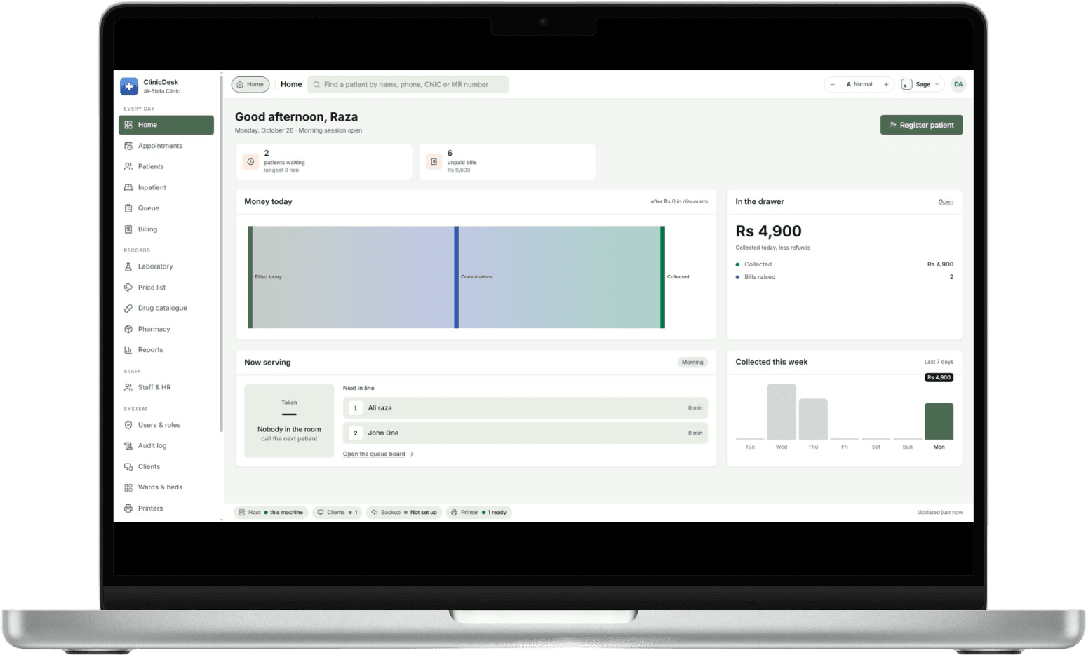 ClinicDesk interface